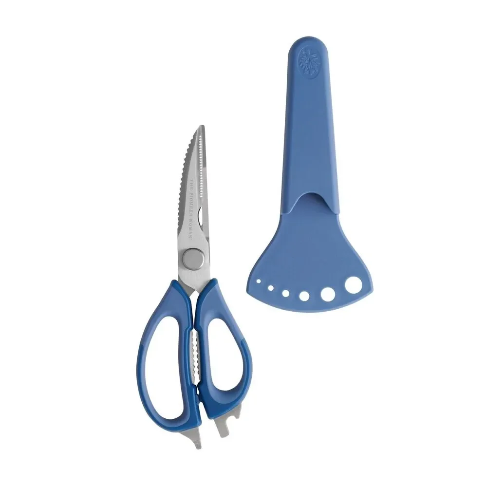 Pioneer Woman Serrated Chef Kitchen Shears 8 in 1 Stainless Steel Blue